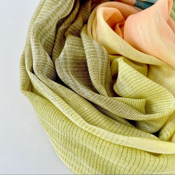 Long Striped Gauze Scarf. NWT. Deep Pastels. LOF New York. Fray Fringe Trim - Picture 3 of 8